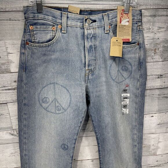Levi's 501 150th Anniversary Men's Button Fly Denim Jeans Peace Print Blue 30x34